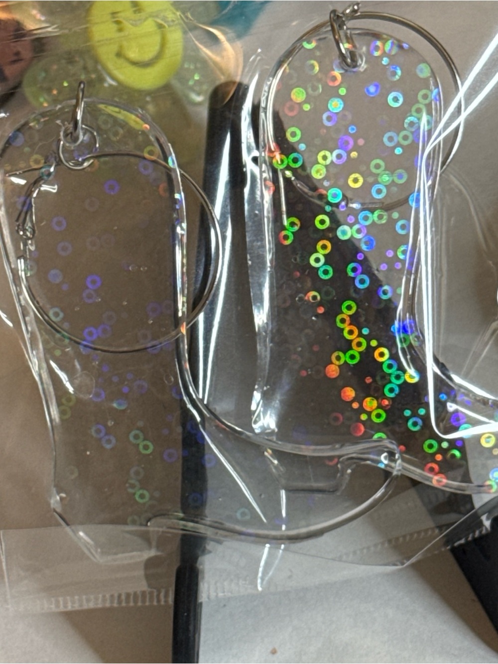 Clear Holographic bubble cowgirl boot- Iridescent earrings.